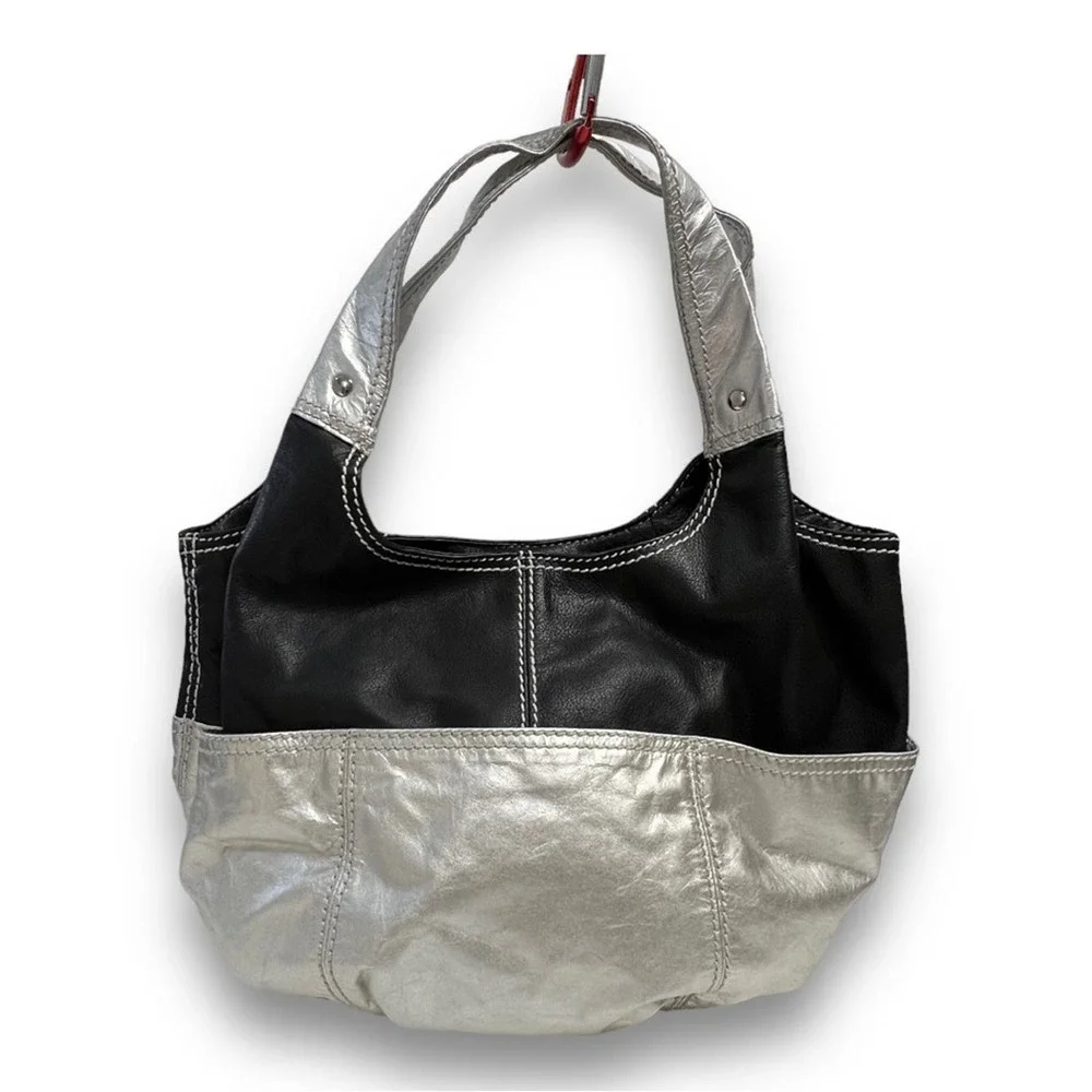 B. MAKOWSKY Vintage black silver leather hobo bucket bag with top stitching